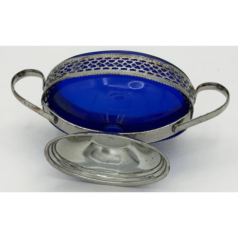 Sugar Bowl England Cobalt Blue Glass w/ Metal Holder Handles New w/ Wear
